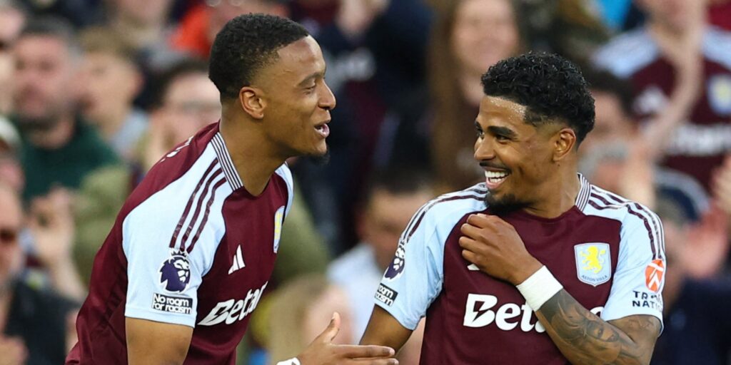 Aston Villa's Ezri Konsa and Ian Maatsen celebrate in the Premier League.