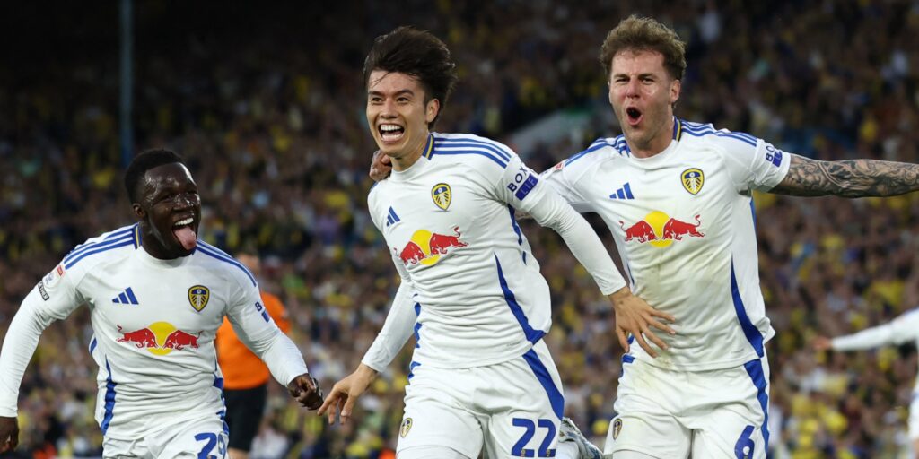 Leeds United celebrate a goal in the Championship.