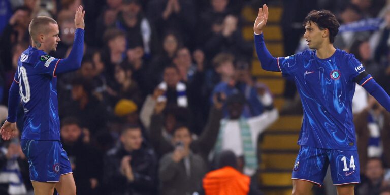 Mykhailo Mudryk and Joao Felix celebrate a goal for Chelsea.
