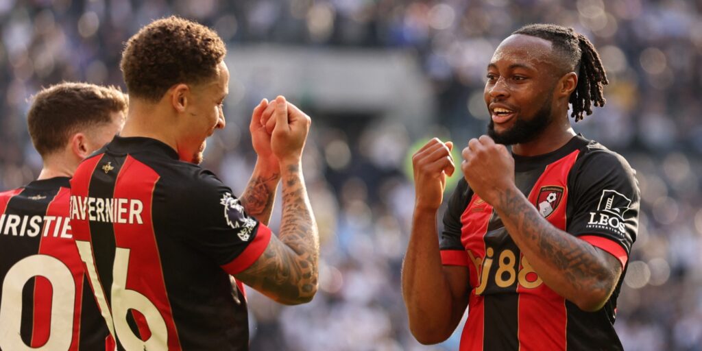 Bournemouth's Antoine Semenyo and Marcus Tavernier celebrate a goal in the Premier League.