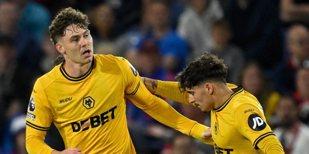 Wolves' Jorgen Strand Larsen celebrates a goal in the Premier League.