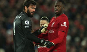 Liverpool's Alisson and Ibrahima Konate. (REUTERS/Phil Noble)