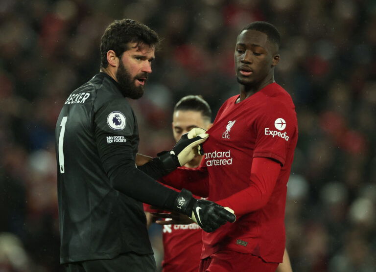 Liverpool's Alisson and Ibrahima Konate. (REUTERS/Phil Noble)
