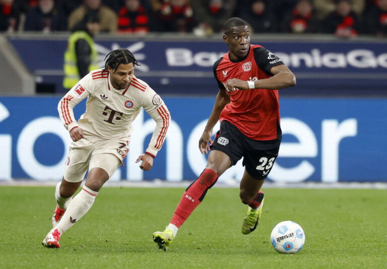 Bayern Munich's Serge Gnabry in action with Bayer Leverkusen's Nordi Mukiele. (REUTERS/Heiko Becker)