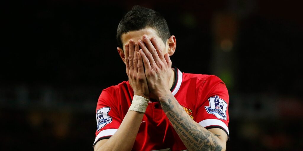 Manchester United's Angel Di Maria reacts to being sent off.