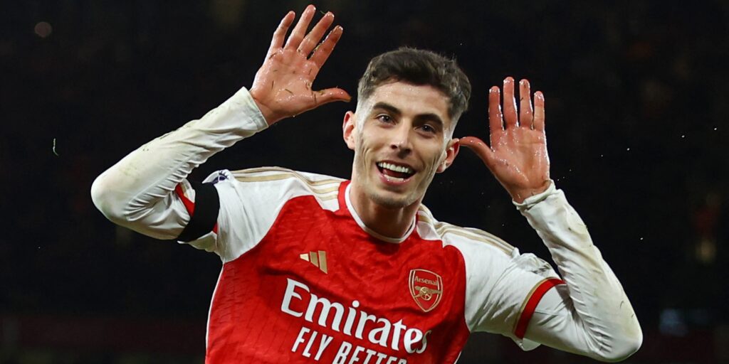 Arsenal forward Kai Havertz celebrates a goal.