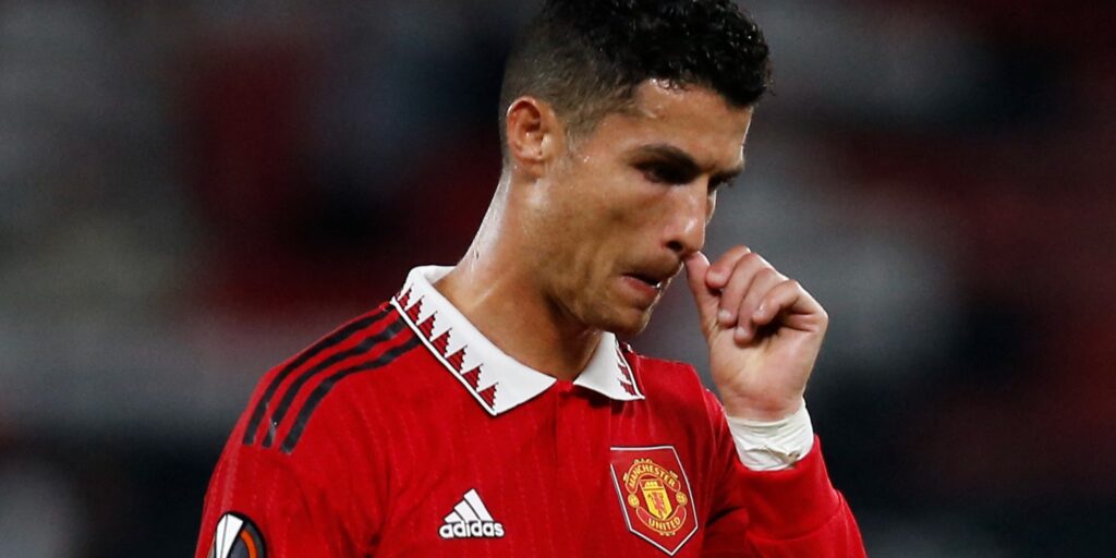 Manchester United player Cristiano Ronaldo reacts during a Europa League game.