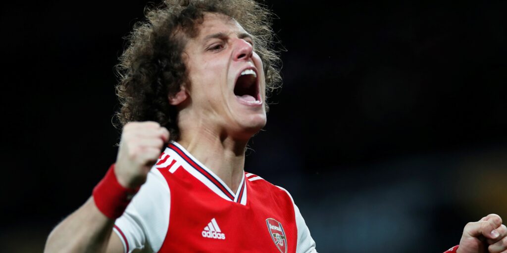 Arsenal defender David Luiz celebrates a goal.