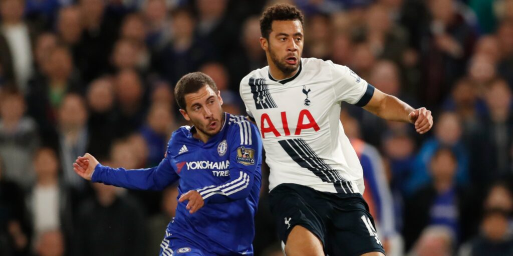 Chelsea's Eden Hazard shoots during a Premier League game against Tottenham Hotspur.