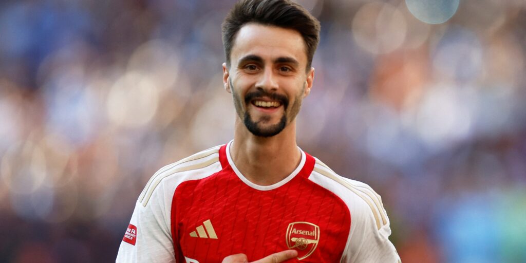 Arsenal midfielder Fabio Vieira celebrates after winning the Community Shield.