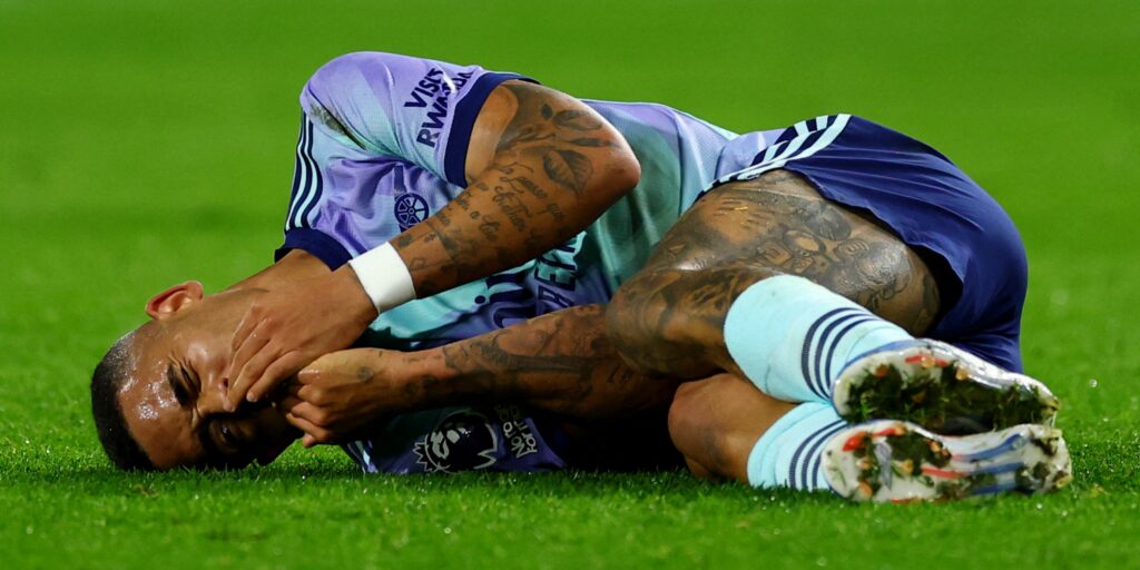 Arsenal forward Gabriel Jesus suffers an injury during a Premier League game.