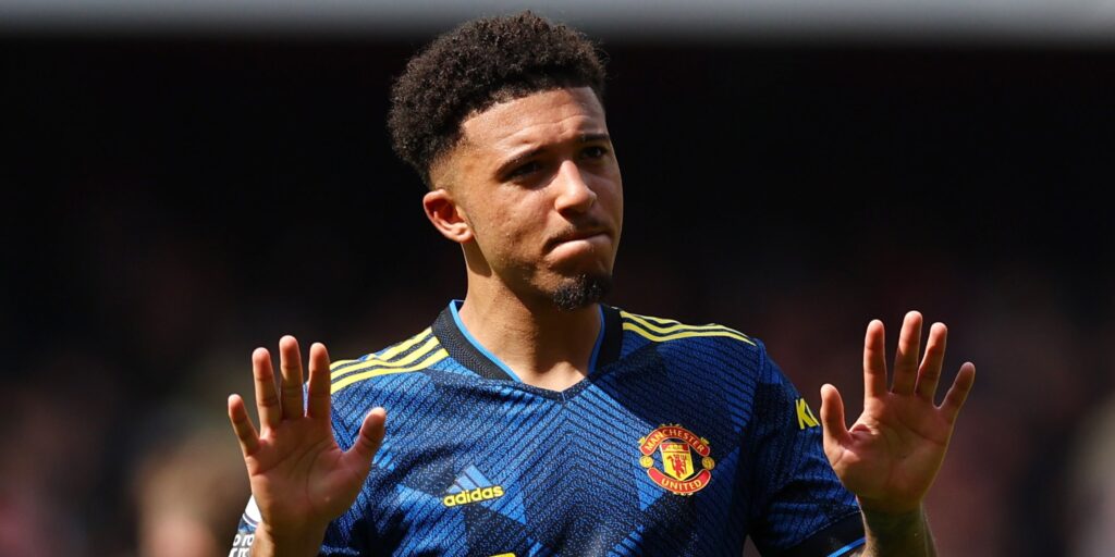 Manchester United forward Jadon Sancho reacts after a Premier League match.