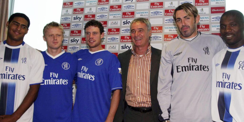 Claudio Ranieri and some of his new signings for the 2003/04 season: Glen Johnson, Damien Duff, Wayne Bridge, Marco Ambrosio & Geremi.