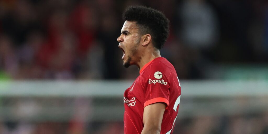 Luis Diaz celebrates scoring a goal for Liverpool.