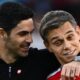 Mikel Arteta and Leandro Trossard of Arsenal