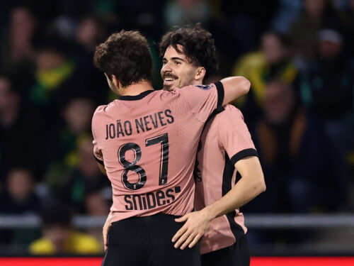 Paris St Germain's Vitinha celebrates with Joao Neves. (REUTERS/Stephane Mahe)