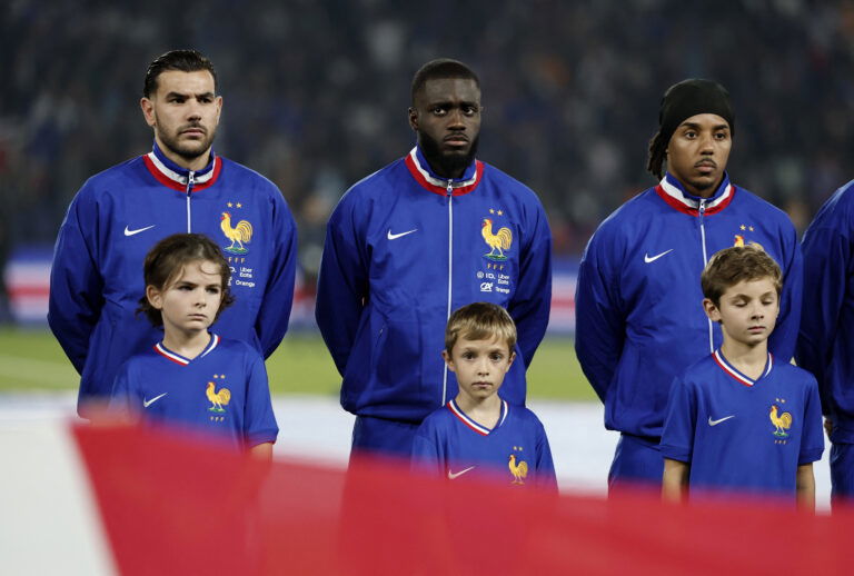 France's Theo Hernandez, Dayot Upamecano and Jules Kounde. (REUTERS/Benoit Tessier)