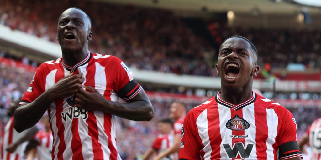 Sunderland's Habib Diarra and Noah Sadiki celebrate a goal.