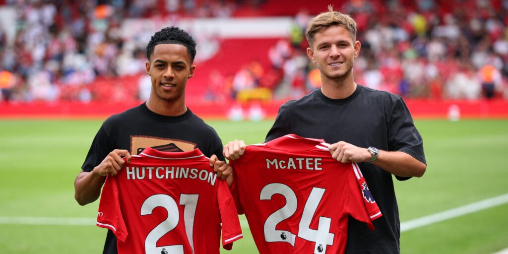 Omari Hutchinson and James McAtee being presented at Nottingham Forest's City Ground.