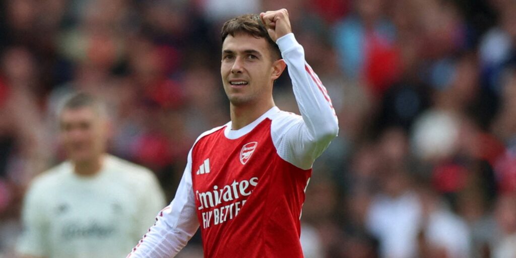 Arsenal midfielder Martin Zubimendi celebrates during a Premier League match.