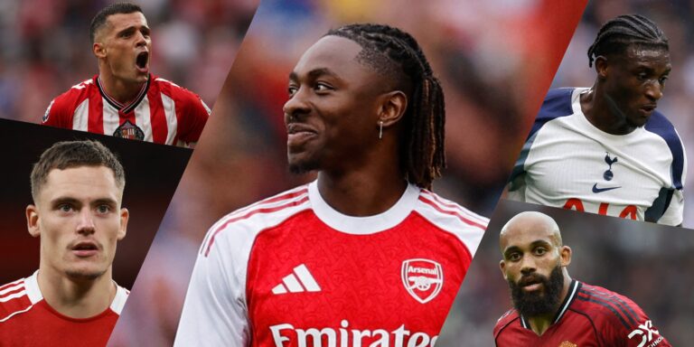 Collage of Granit Xhaka, Ebere Eze, Mohammed Kudus, Bryan Mbeumo and Florian Wirtz.