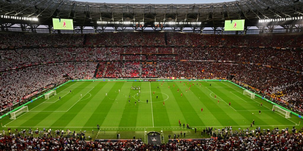 General view of Puskas Arena in Budapest during the 2023 Europa League final.