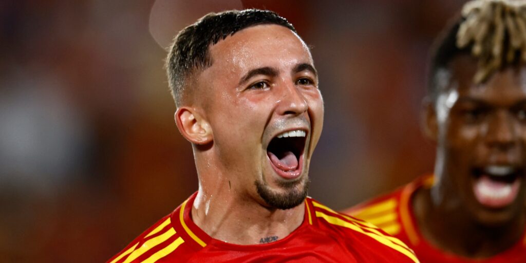 Crystal Palace signing Yeremy Pino celebrates for Spain.