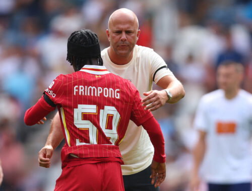 Liverpool manager Arne Slot and Jeremie Frimpong. (Reuters/Ed Sykes)