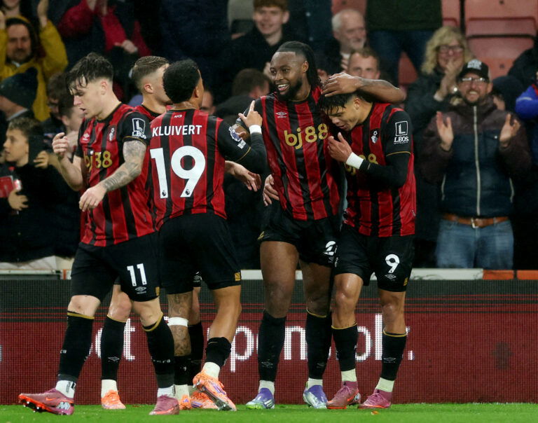 Bournemouth's Antoine Semenyo celebrates scoring with Justin Kluivert and Evanilson. (REUTERS/Ian Walton)