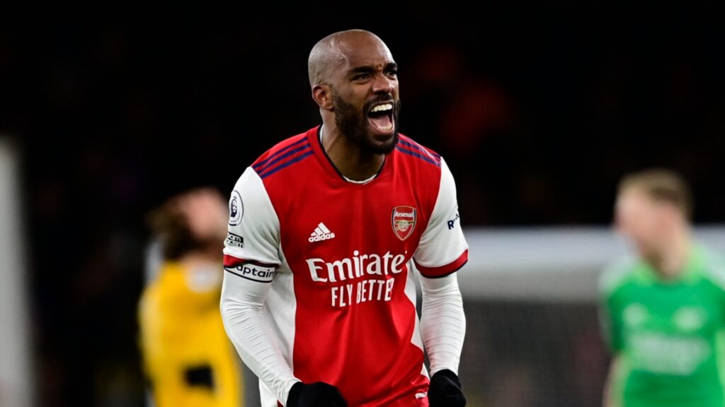 Arsenal striker Alexandre Lacazette celebrates during a match.