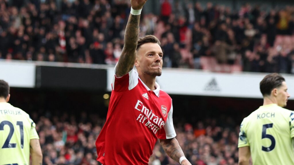Arsenal defender Ben White celebrates during a match.