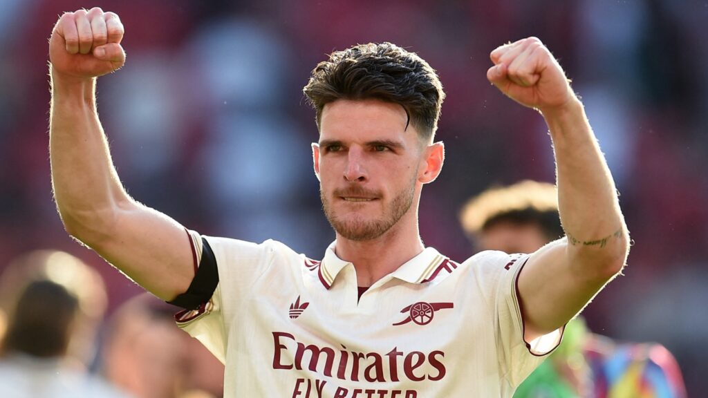 Arsenal midfielder Declan Rice celebrates during a match.
