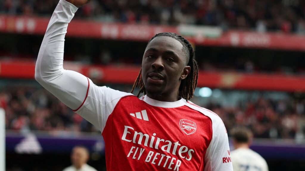 Arsenal's Eberechi Eze celebrates during a match.