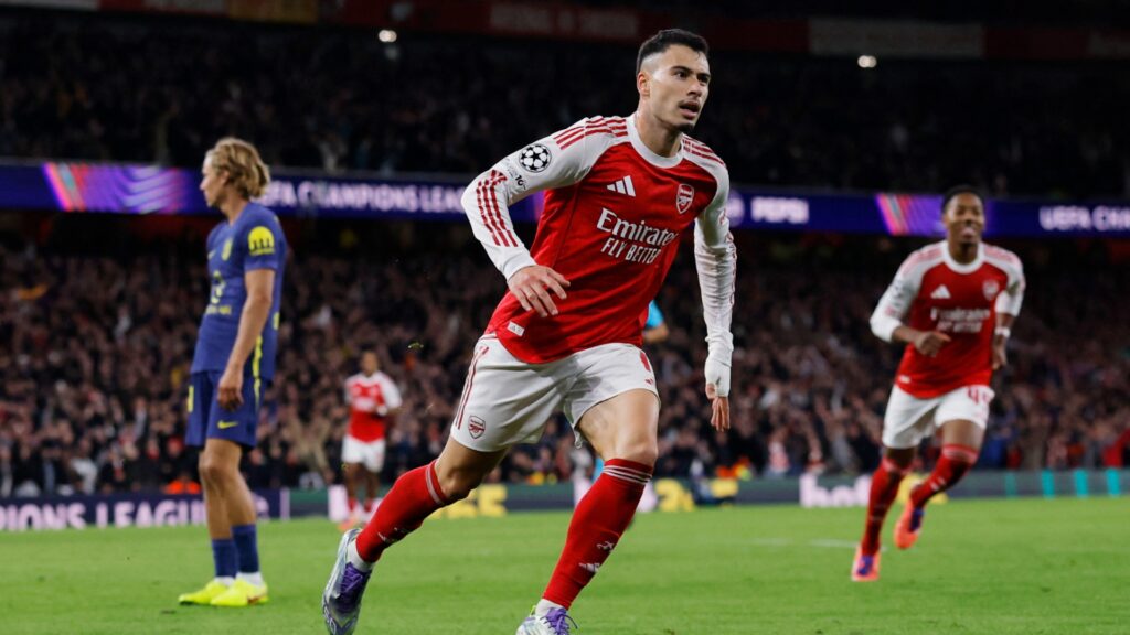 Arsenal winger Gabriel Martinelli celebrates a goal in the Champions League.