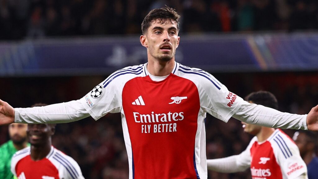 Arsenal forward Kai Havertz celebrates during a match.