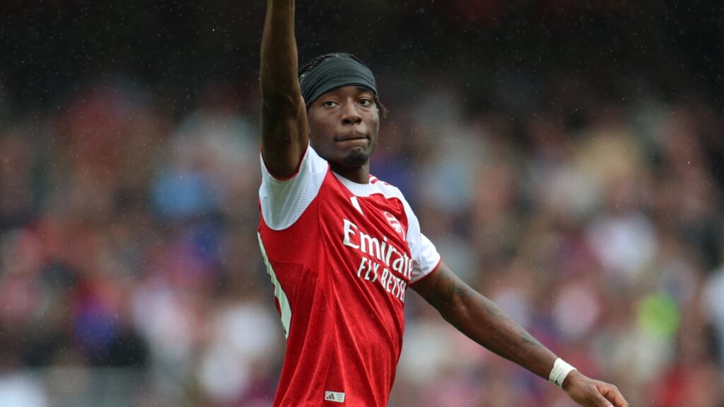 Arsenal winger Noni Madueke celebrates during a match.