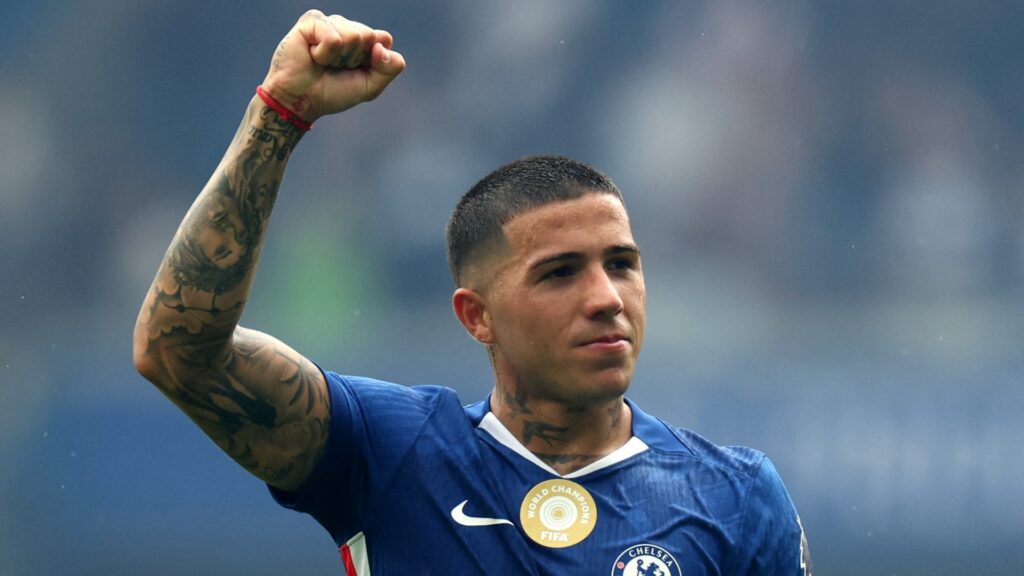 Chelsea midfielder Enzo Fernandez celebrates during a match.