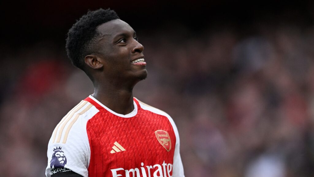 Arsenal striker Eddie Nketiah celebrates during a match.