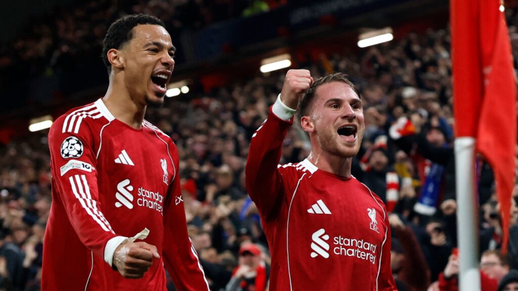 Alexis Mac Allister celebrates a goal for Liverpool in the Champions League.