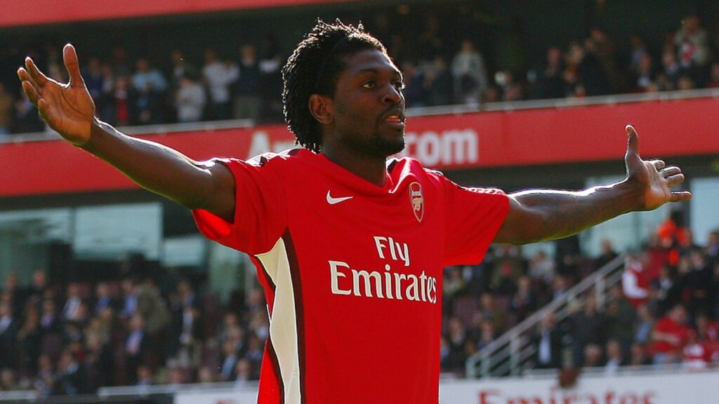 Arsenal striker Emmanuel Adebayor celebrates during a match.