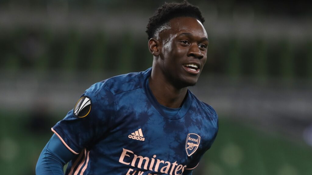 Arsenal striker Folarin Balogun celebrates during a match.