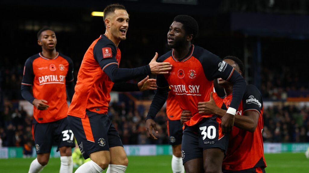 Gideon Kodua celebrates a goal for Luton Town in the FA Cup.