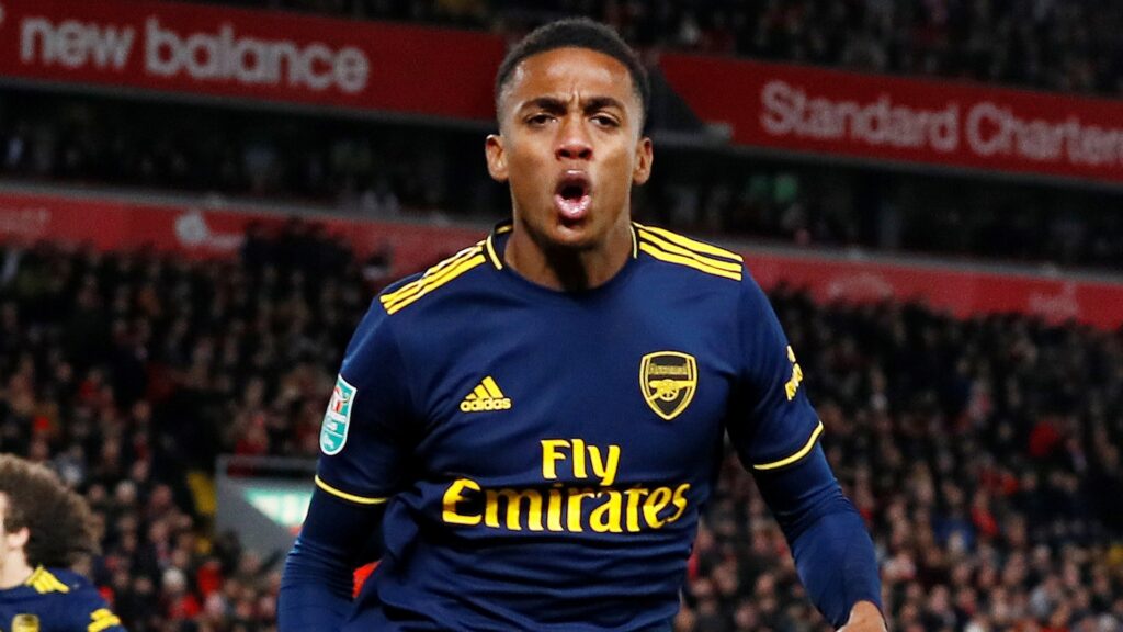 Arsenal midfielder Joe Willock celebrates during a match.
