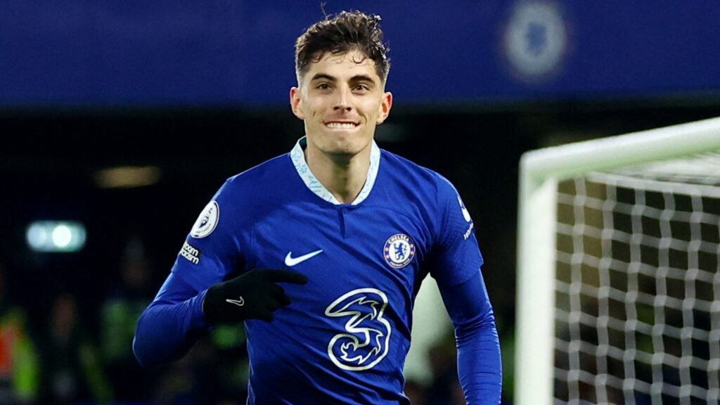 Chelsea forward Kai Havertz celebrates during a match.