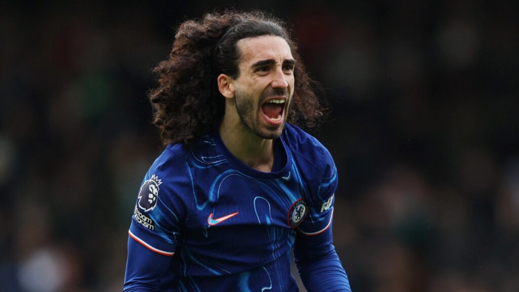 Chelsea defender Marc Cucurella celebrates during a match.