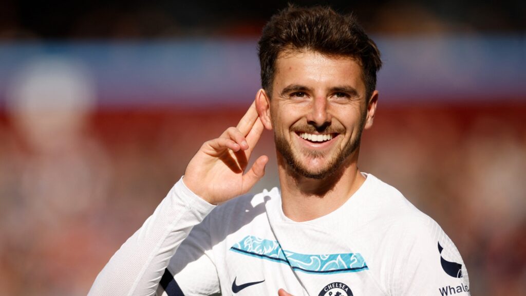 Chelsea midfielder Mason Mount celebrates during a match.