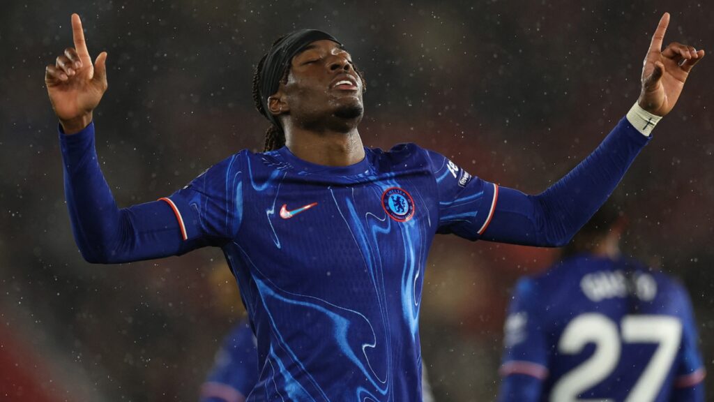 Chelsea winger Noni Madueke celebrates during a match.