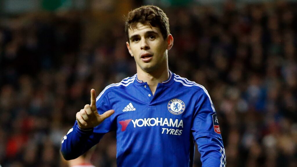 Chelsea midfielder Oscar celebrates during a match.