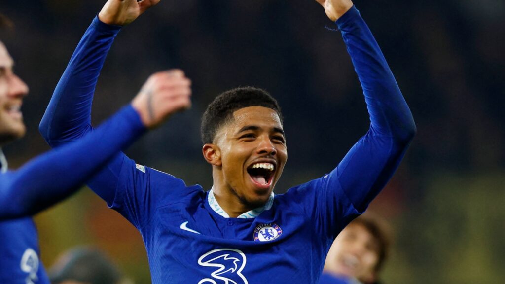 Chelsea defender Wesley Fofana celebrates during a match.