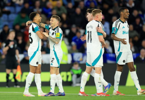 Newcastle United's Jacob Murphy, Kieran Trippier, Tino Livramento, Harvey Barnes and Alexander Isak. (Reuters/Andrew Boyers)